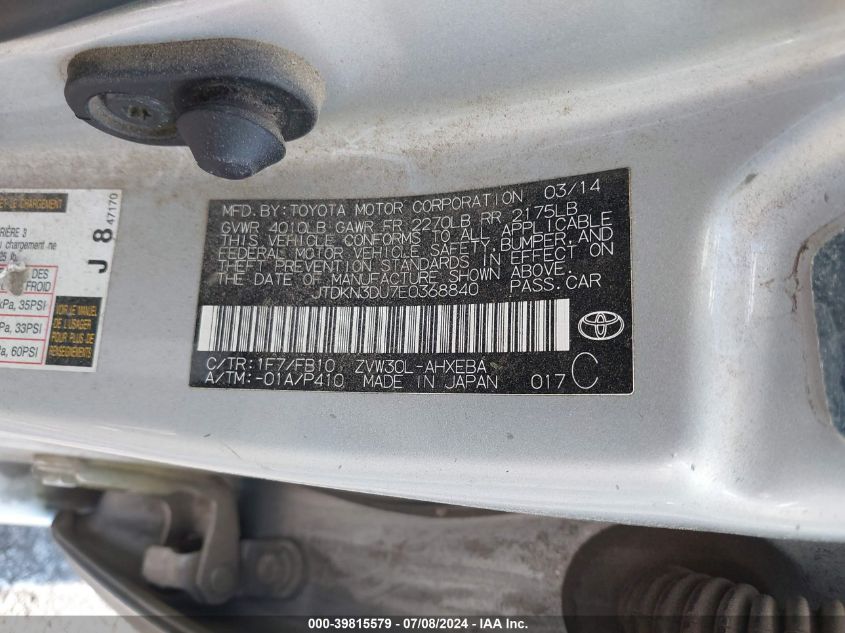 2014 Toyota Prius Two VIN: JTDKN3DUYE0368840 Lot: 39815579