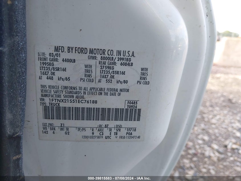 2001 Ford F-250 Super Duty VIN: 1FTNX21S51EC76188 Lot: 39815583