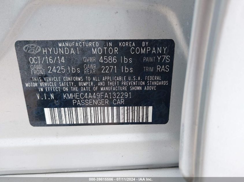 2015 Hyundai Sonata Hybrid Limited VIN: KMHEC4A49FA132291 Lot: 39815586