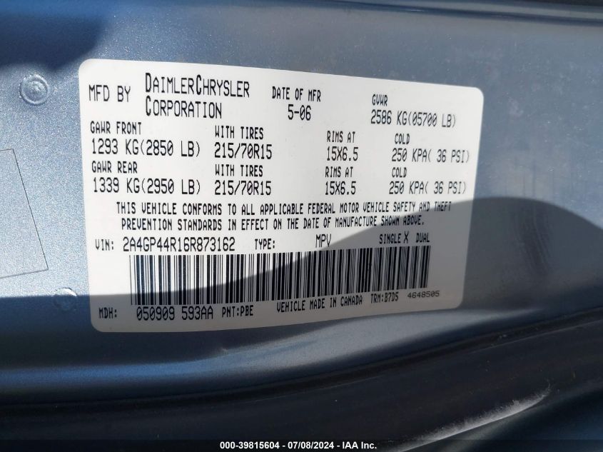 2006 Chrysler Town & Country Lx VIN: 2A4GP44R16R873162 Lot: 39815604