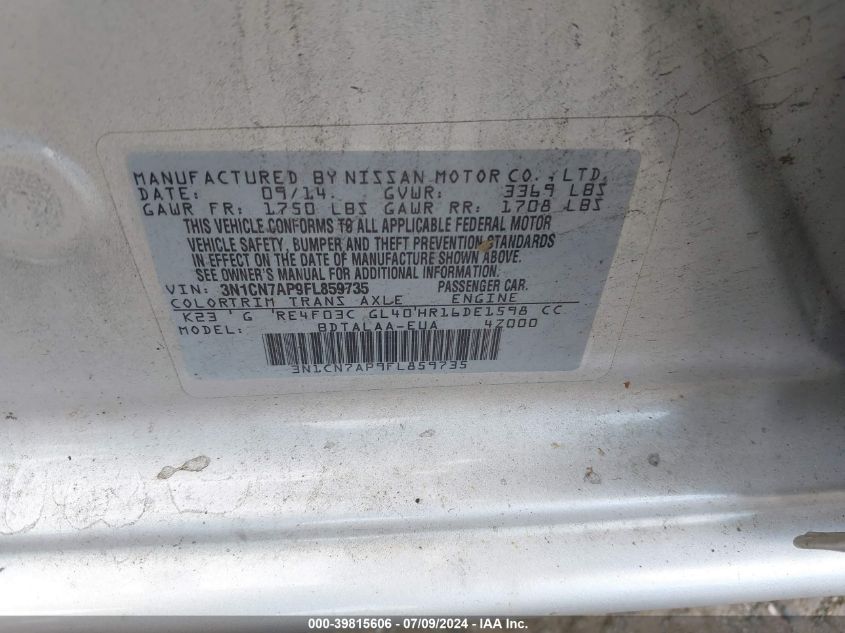 2015 Nissan Versa 1.6 S VIN: 3N1CN7AP9FL859735 Lot: 39815606