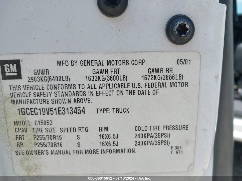 2001 Chevrolet Silverado 1500 VIN: 1GCEC19V51E313454 Lot: 39815612