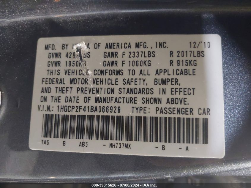 2011 Honda Accord 2.4 Lx-P VIN: 1HGCP2F41BA066926 Lot: 39815626