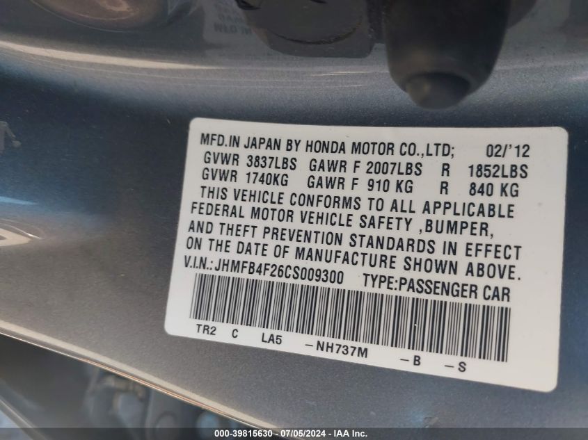 2012 Honda Civic Hybrid VIN: JHMFB4F26CS009300 Lot: 39815630