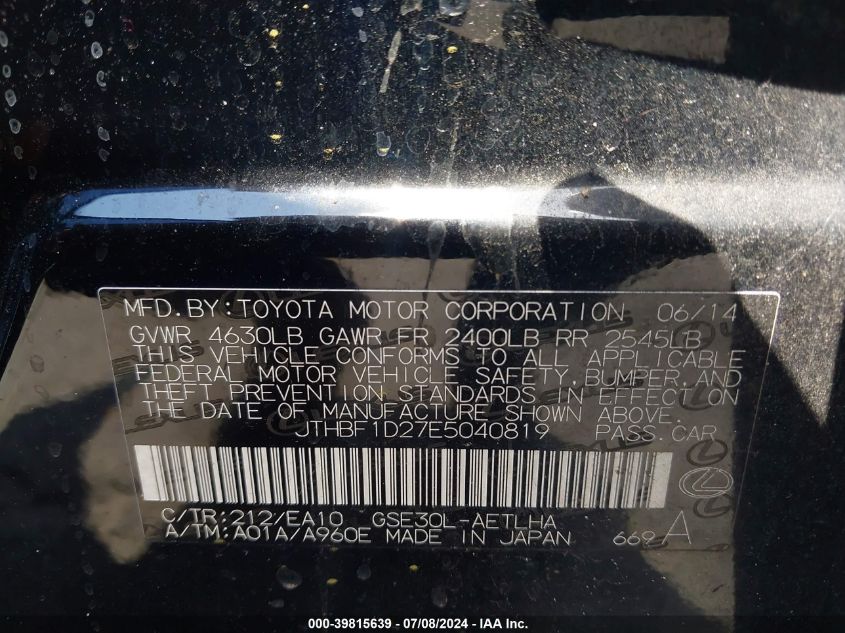 2014 Lexus Is 250 250 VIN: JTHBF1D27E5040819 Lot: 39815639