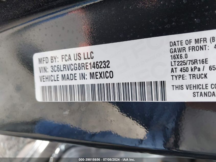 2024 Ram Promaster 2500 Tradesman High Roof 136 Wb W/Pass Seat VIN: 3C6LRVCG8RE146232 Lot: 39815656