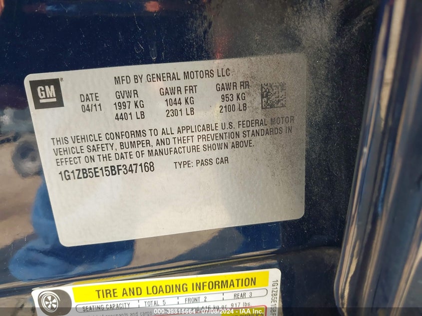 2011 Chevrolet Malibu Ls VIN: 1G1ZB5E15BF347168 Lot: 39815664