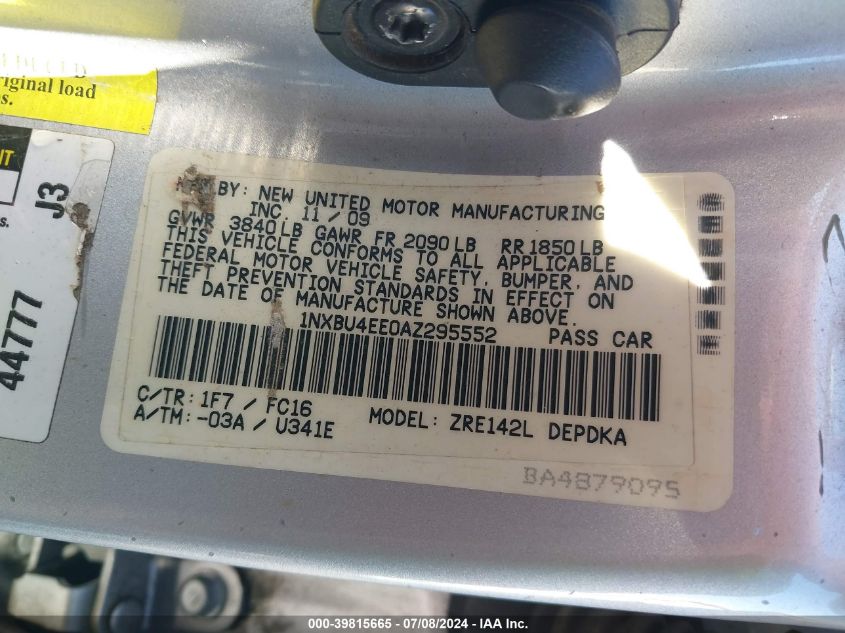 2010 Toyota Corolla Le VIN: 1NXBU4EE0AZ295552 Lot: 39815665