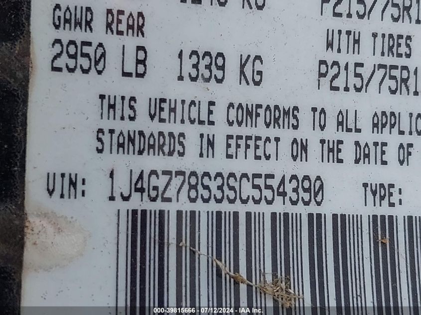 1995 Jeep Grand Cherokee Limited/Orvis VIN: 1J4GZ78S3SC554390 Lot: 39815666