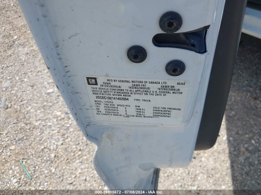 2004 Chevrolet Silverado 1500 Work Truck VIN: 2GCEC19V141402864 Lot: 39815672