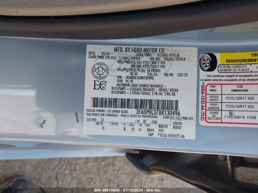 2011 Ford Fusion Hybrid VIN: 3FADP0L37BR130496 Lot: 39815680