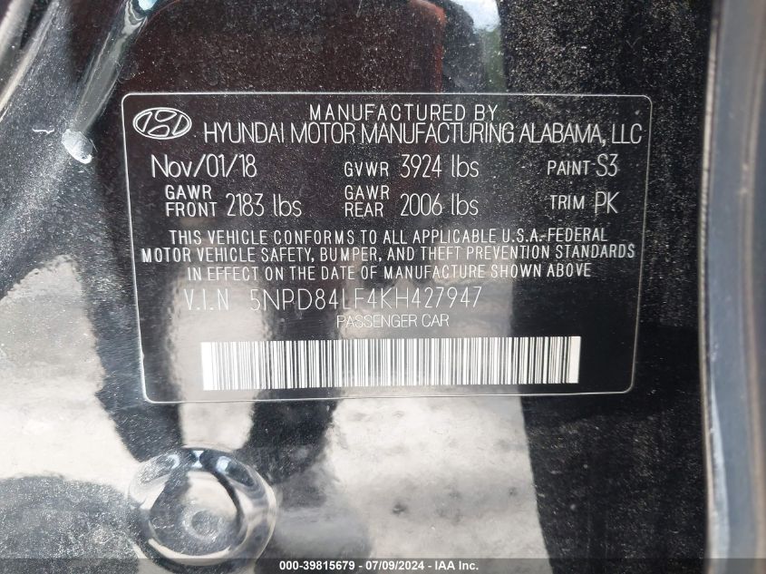 2019 Hyundai Elantra Sel/Value/Limited VIN: 5NPD84LF4KH42794 Lot: 39815679