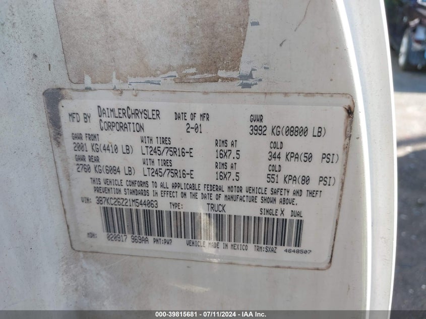 2001 Dodge Ram 2500 St VIN: 3B7KC26Z21M544063 Lot: 39815681