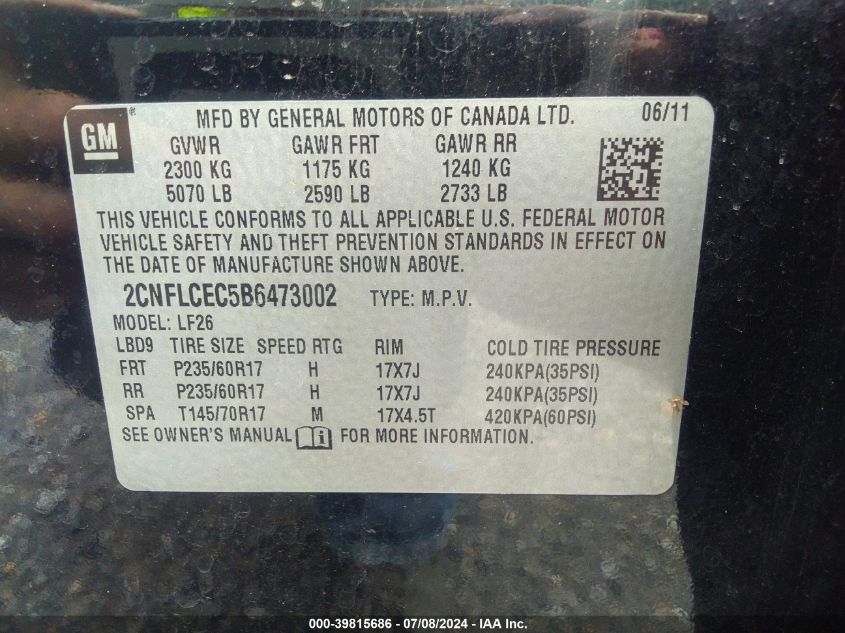 2011 Chevrolet Equinox Ls VIN: 2CNFLCEC5B6473002 Lot: 39815686