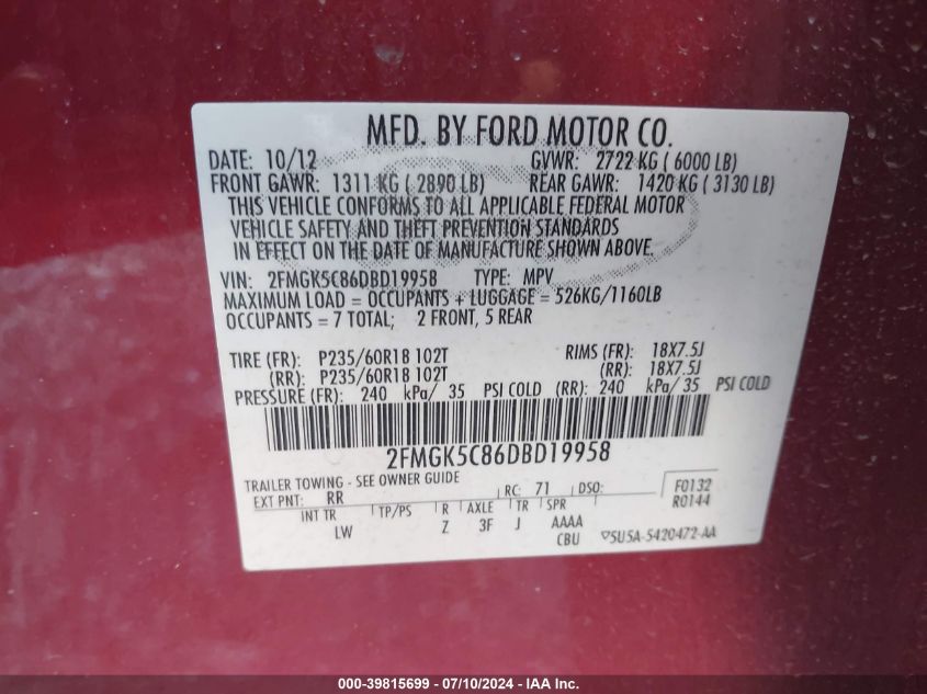 2013 Ford Flex Sel VIN: 2FMGK5C86DBD19958 Lot: 39815699