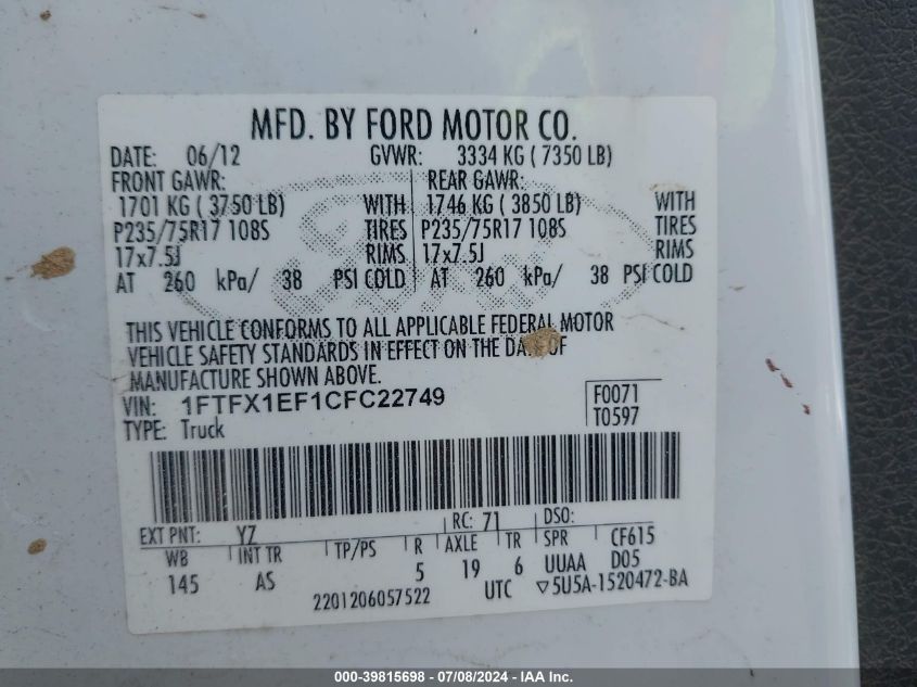 2012 Ford F-150 Xl VIN: 1FTFX1EF1CFC22749 Lot: 39815698