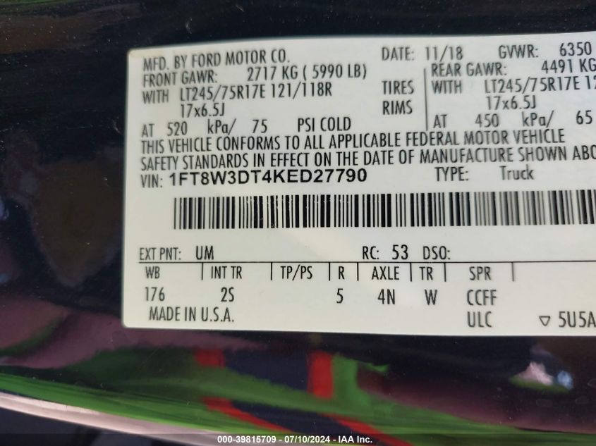 2019 Ford F-350 Xlt VIN: 1FT8W3DT4KED27790 Lot: 39815709