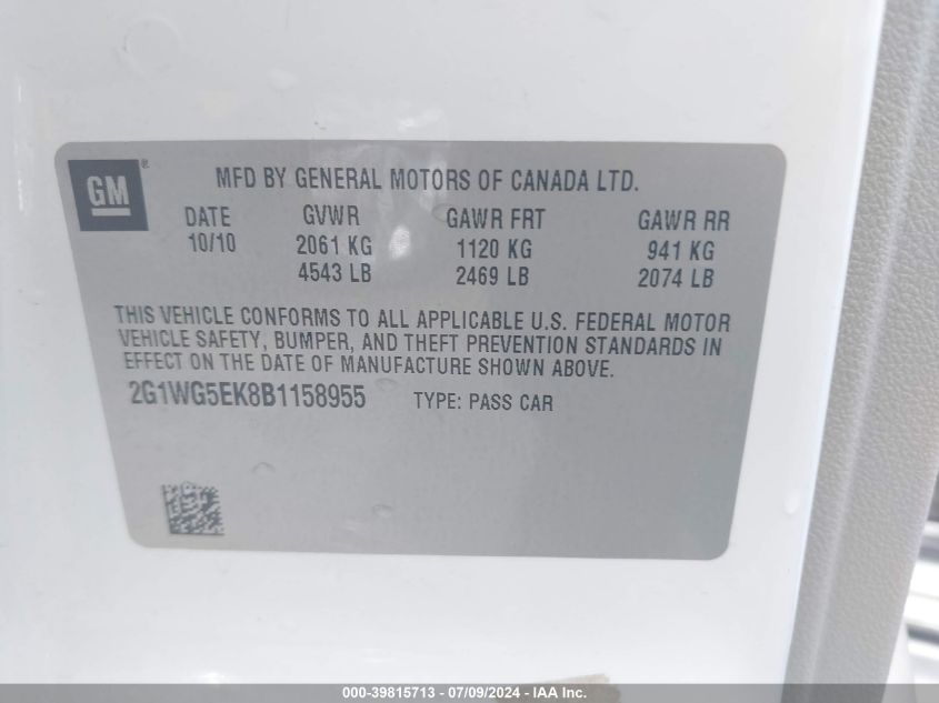 2011 Chevrolet Impala Lt VIN: 2G1WG5EK8B1158955 Lot: 39815713