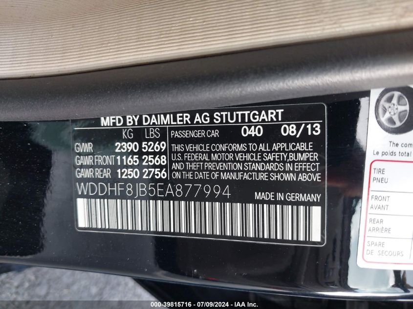 2014 Mercedes-Benz E 350 4Matic VIN: WDDHF8JB5EA877994 Lot: 39815716