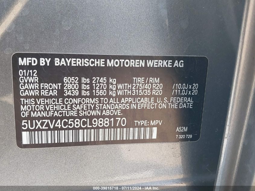 2012 BMW X5 xDrive35I/xDrive35I Premium/xDrive35I Sport Activity VIN: 5UXZV4C58CL988170 Lot: 39815718