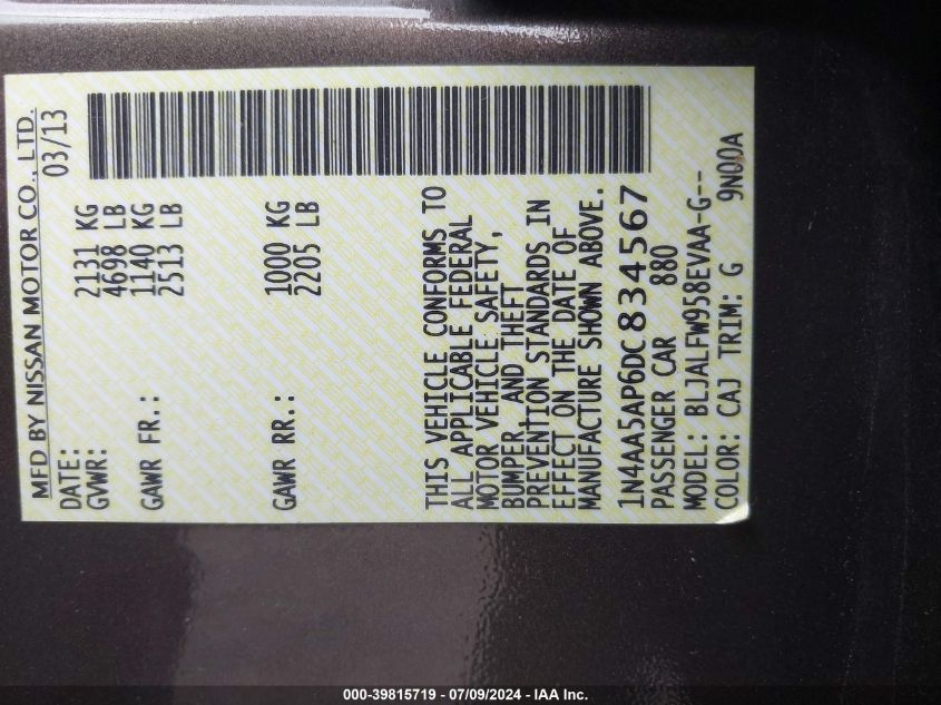 2013 Nissan Maxima S/Sv VIN: 1N4AA5AP6DC834567 Lot: 39815719