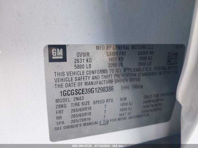 2016 Chevrolet Colorado Lt VIN: 1GCGSCE39G1298386 Lot: 39815725
