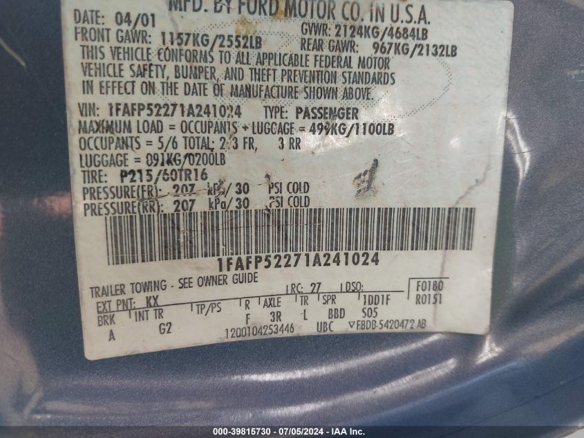 2001 Ford Taurus Lx VIN: 1FAFP52271A241024 Lot: 39815730