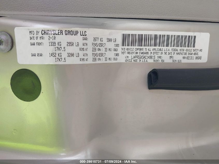 2010 Jeep Grand Cherokee Limited VIN: 1J4PR5GK5AC149815 Lot: 39815731