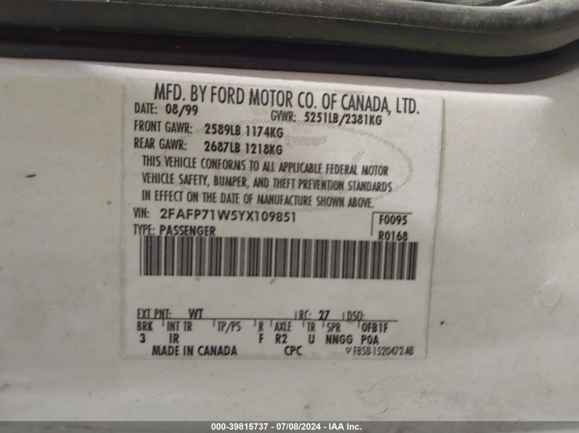 2000 Ford Crown Victoria Police Interceptor VIN: 2FAFP71W5YX109851 Lot: 39815737