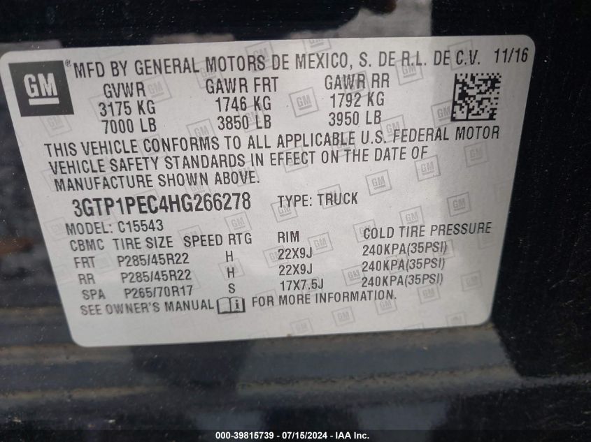 2017 GMC Sierra 1500 Denali VIN: 3GTP1PEC4HG266278 Lot: 39815739