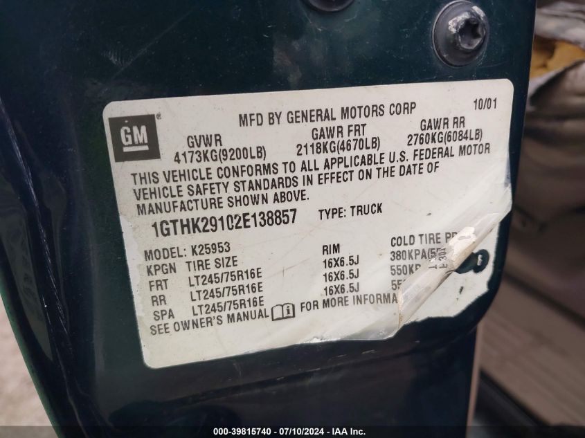 2002 GMC Sierra 2500Hd K2500 Heavy Duty VIN: 1GTHK29102E138857 Lot: 39815740