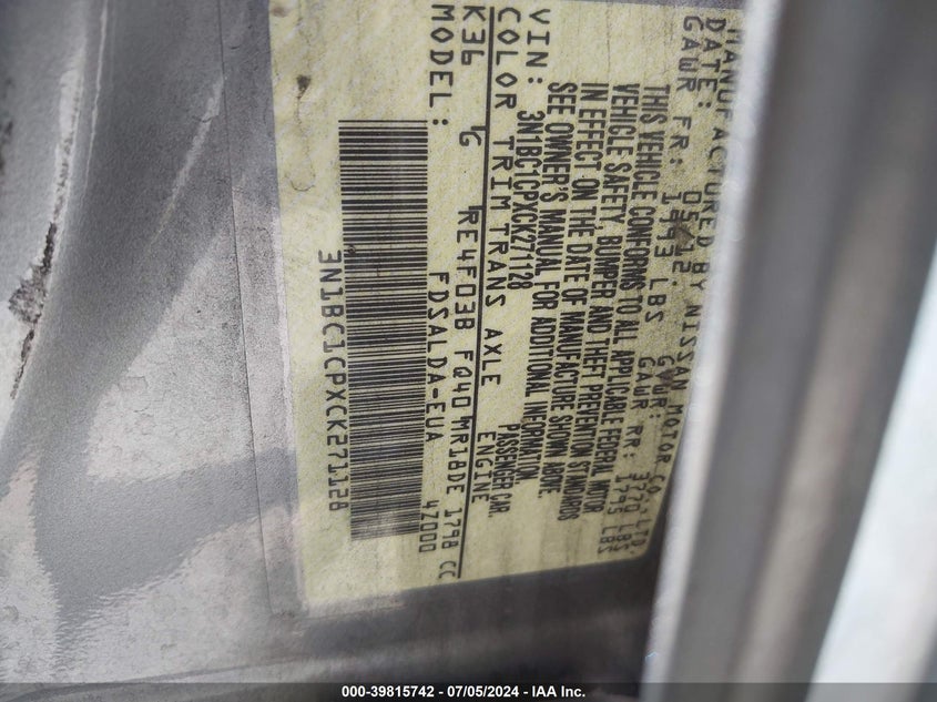 2012 Nissan Versa 1.8 S VIN: 3N1BC1CPXCK271128 Lot: 39815742