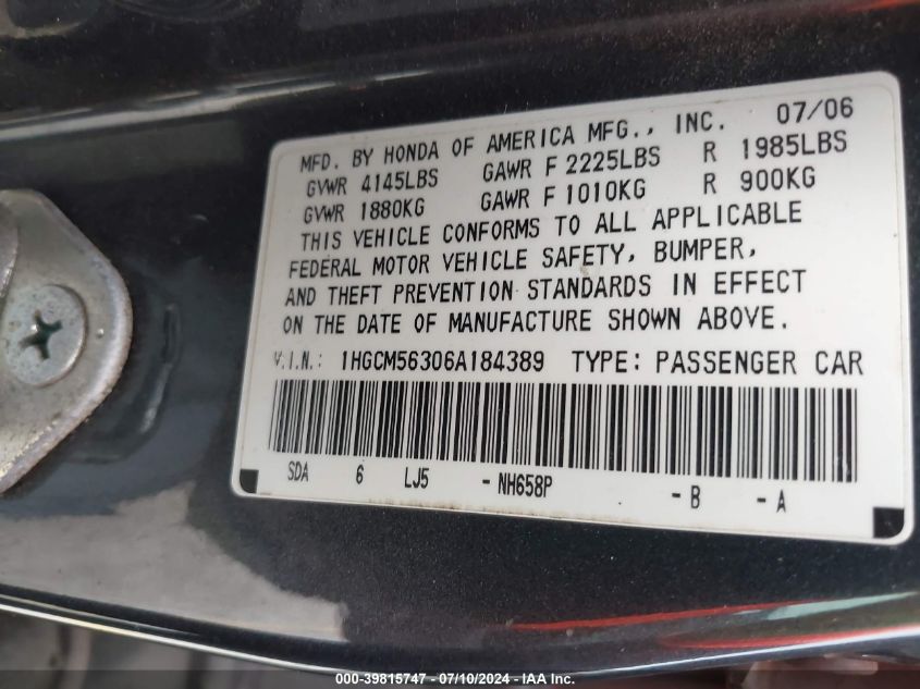 2006 Honda Accord 2.4 Se VIN: 1HGCM56306A184389 Lot: 39815747