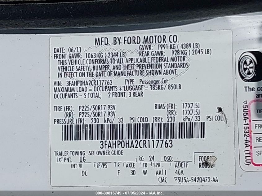 3FAHP0HA2CR117763 | 2012 FORD FUSION