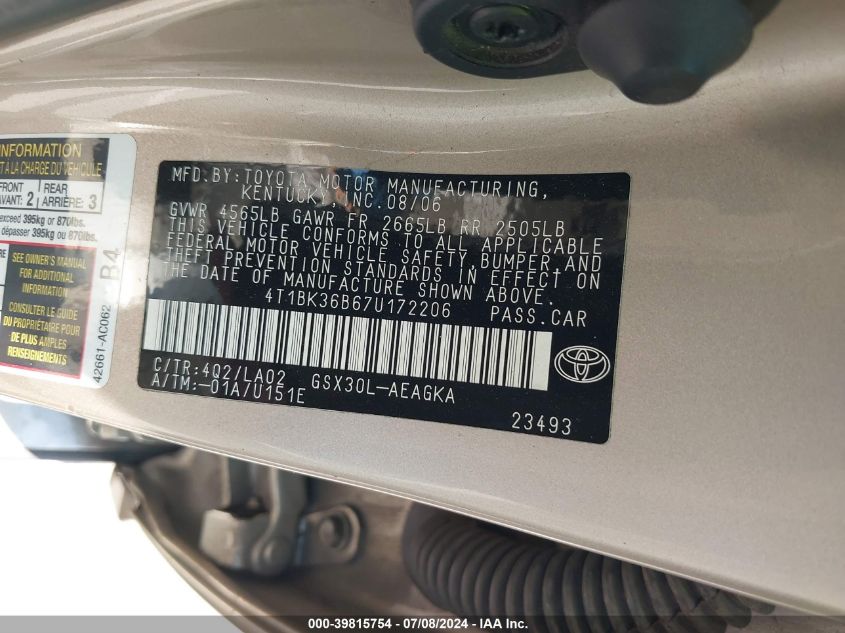 2007 Toyota Avalon Xls VIN: 4T1BK36B67U172206 Lot: 39815754