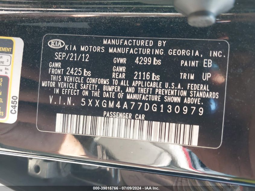 2013 Kia Optima Lx VIN: 5XXGM4A77DG130979 Lot: 39815766