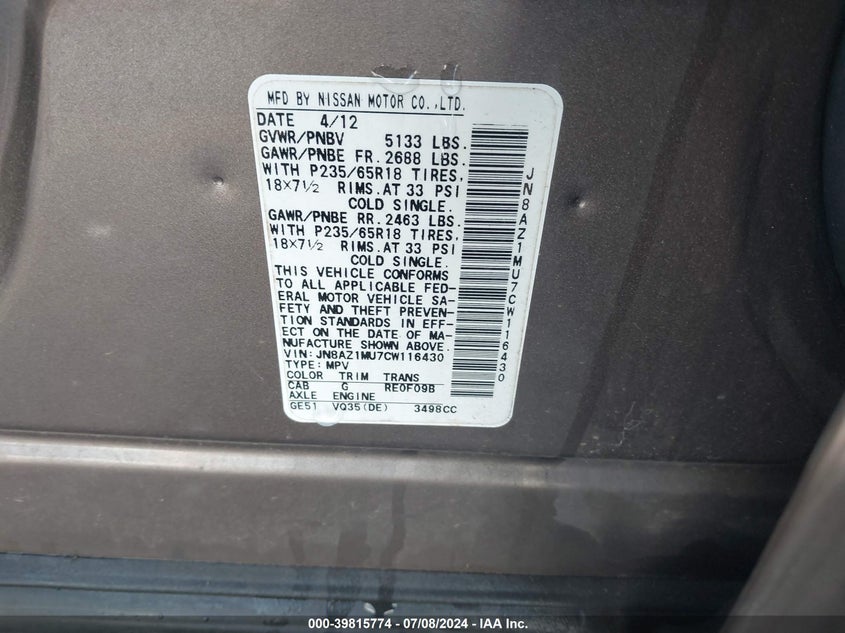 2012 Nissan Murano S/Sl/Le VIN: JN8AZ1MU7CW116430 Lot: 39815774