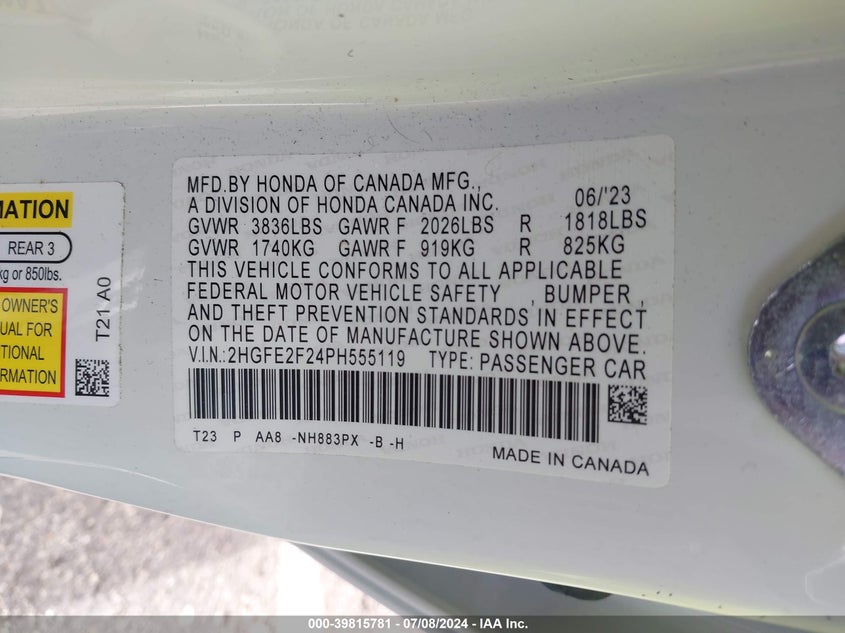 VIN 2HGFE2F24PH555119 2023 HONDA CIVIC LX