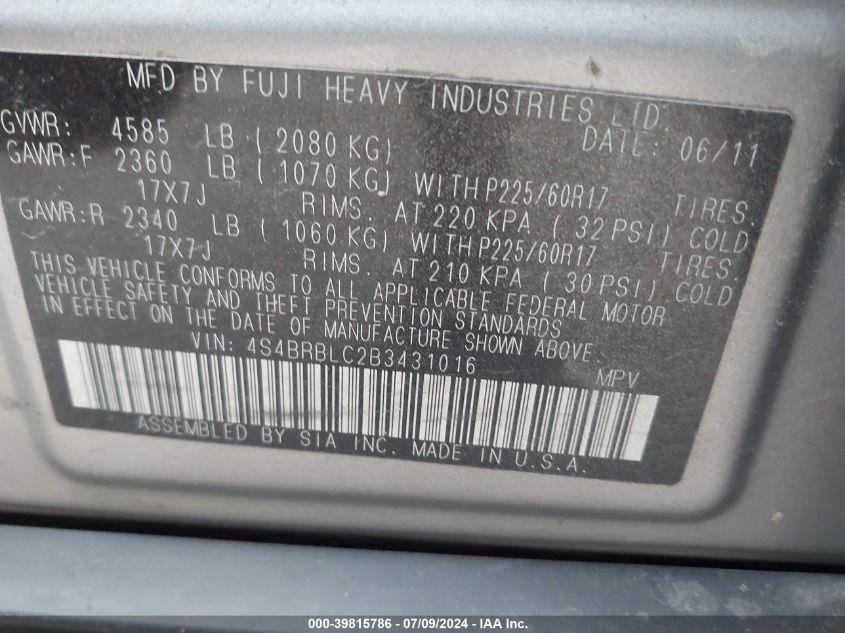 2011 Subaru Outback 2.5I Limited VIN: 4S4BRBLC2B3431016 Lot: 39815786