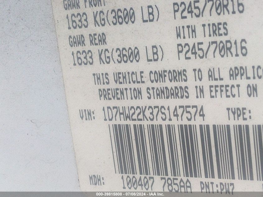 2007 Dodge Dakota St VIN: 1D7HW22K37S147574 Lot: 39815808