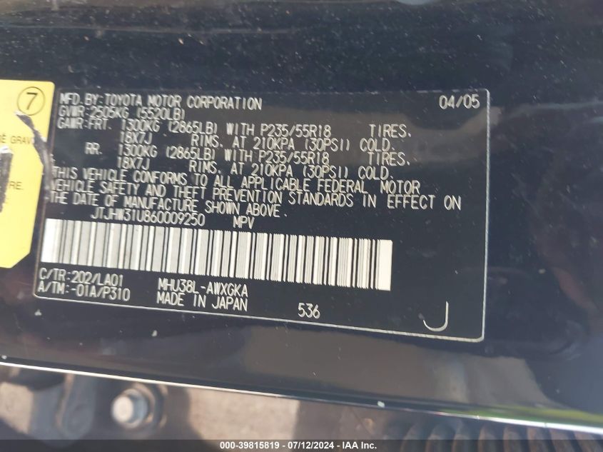 2006 Lexus Rx 400 VIN: JTJHW31U860009250 Lot: 39815819