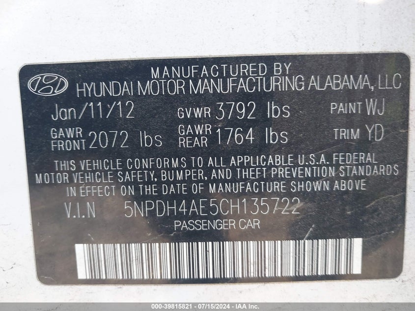 2012 Hyundai Elantra Gls VIN: 5NPDH4AE5CH135722 Lot: 39815821