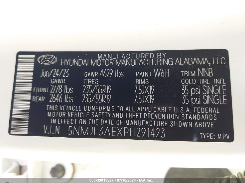 2023 Hyundai Tucson Sel VIN: 5NMJF3AEXPH291423 Lot: 39815827