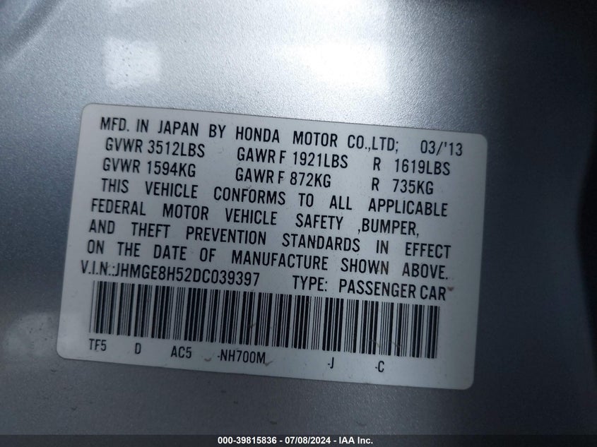 2013 Honda Fit Sport VIN: JHMGE8H52DC039397 Lot: 39815836