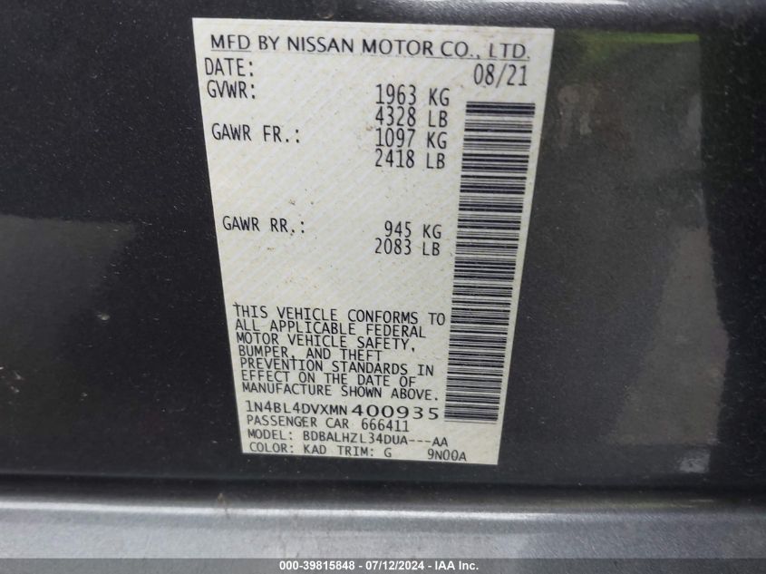 2021 Nissan Altima Sv Fwd VIN: 1N4BL4DVXMN400935 Lot: 39815848