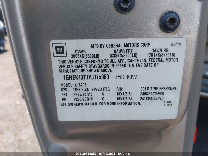 2000 Chevrolet Tahoe All New Ls VIN: 1GNEK13T1YJ175060 Lot: 39815857