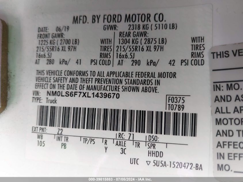 2020 Ford Transit Connect Xlt VIN: NM0LS6F7XL1439670 Lot: 39815883