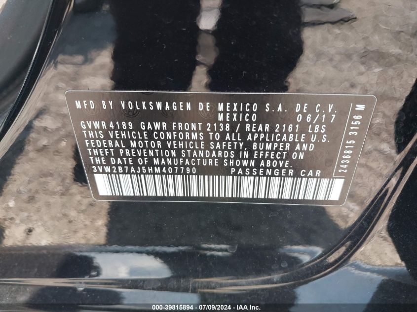 2017 Volkswagen Jetta S VIN: 3VW2B7AJ5HM407790 Lot: 39815894