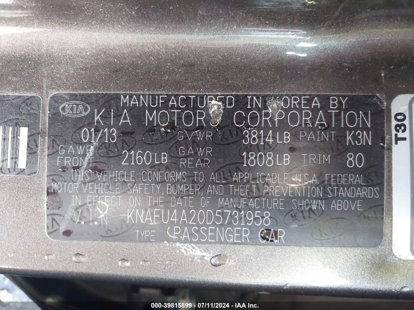 2013 Kia Forte Ex VIN: KNAFU4A20D5731958 Lot: 39815899
