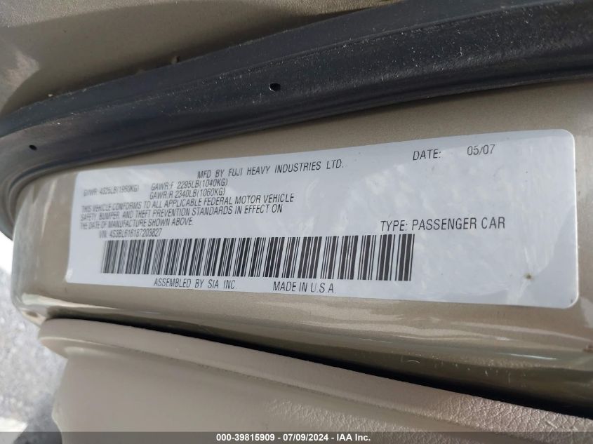 2008 Subaru Legacy 2.5I VIN: 4S3BL616187203827 Lot: 39815909